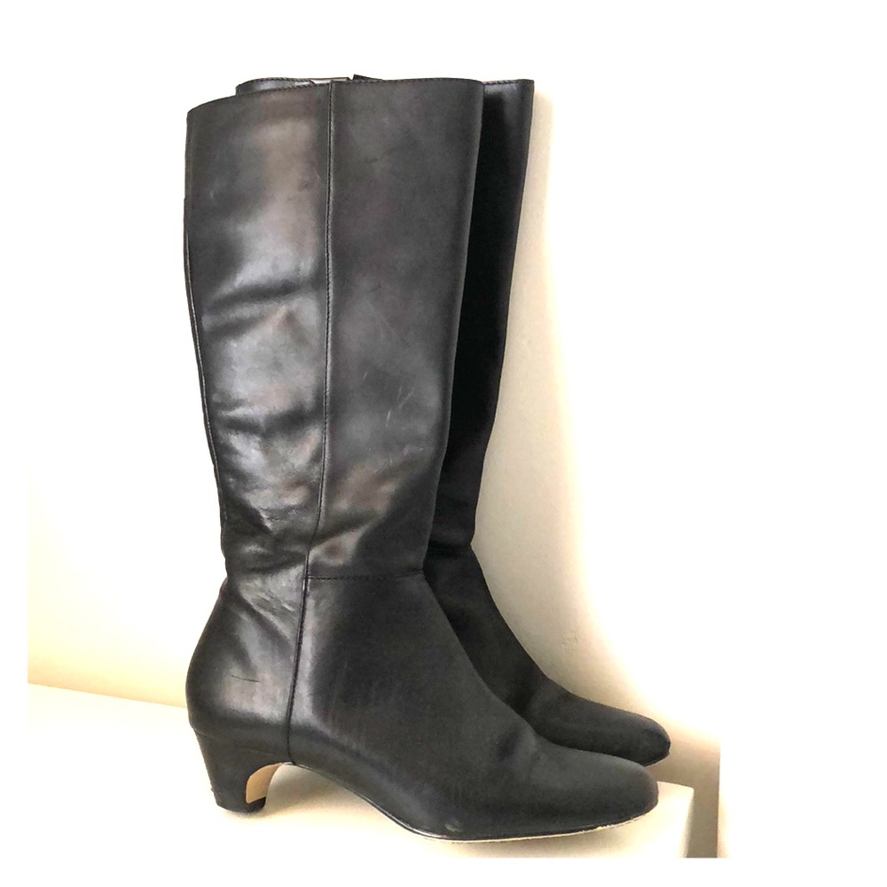 Black Genuine Leather Kitten Heel Knee Boots